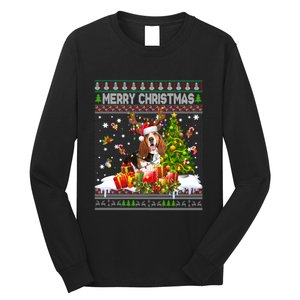 Merry Christmas Basset Hound Santa Xmas Lights Ugly Pajama Long Sleeve Shirt