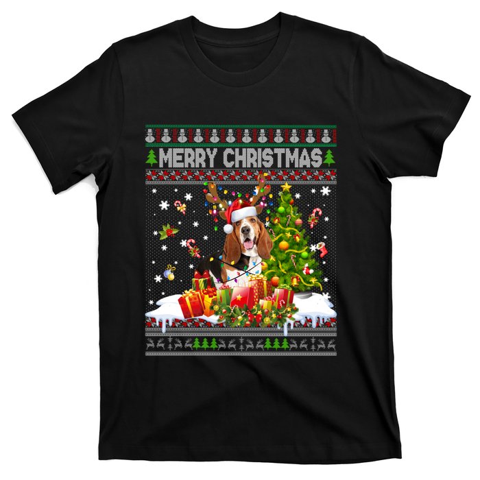 Merry Christmas Basset Hound Santa Xmas Lights Ugly Pajama T-Shirt