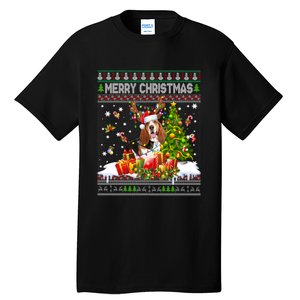 Merry Christmas Basset Hound Santa Xmas Lights Ugly Pajama Tall T-Shirt