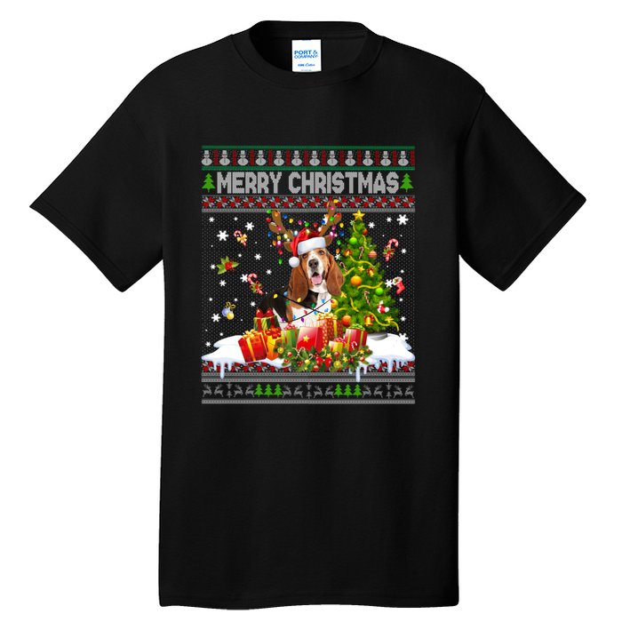 Merry Christmas Basset Hound Santa Xmas Lights Ugly Pajama Tall T-Shirt