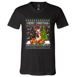 Merry Christmas Basset Hound Santa Xmas Lights Ugly Pajama V-Neck T-Shirt