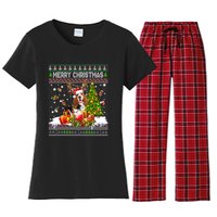 Merry Christmas Basset Hound Santa Xmas Lights Ugly Pajama Women's Flannel Pajama Set