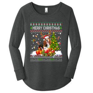 Merry Christmas Basset Hound Santa Xmas Lights Ugly Pajama Women's Perfect Tri Tunic Long Sleeve Shirt