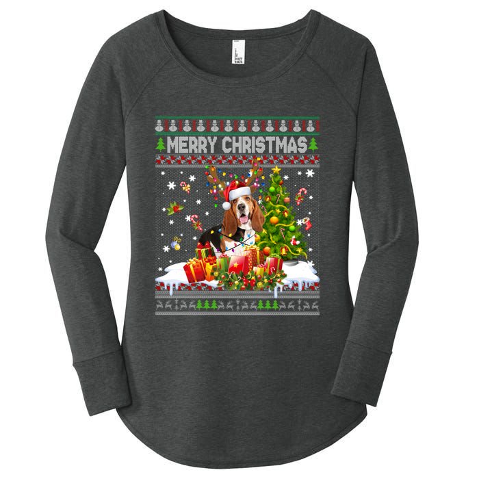 Merry Christmas Basset Hound Santa Xmas Lights Ugly Pajama Women's Perfect Tri Tunic Long Sleeve Shirt