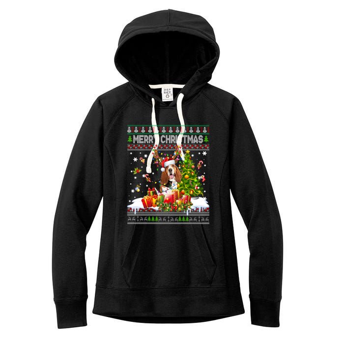 Merry Christmas Basset Hound Santa Xmas Lights Ugly Pajama Women's Fleece Hoodie