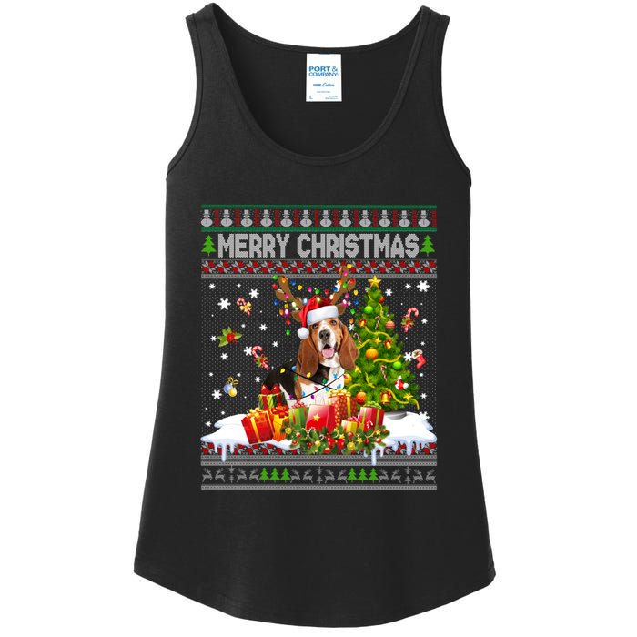 Merry Christmas Basset Hound Santa Xmas Lights Ugly Pajama Ladies Essential Tank