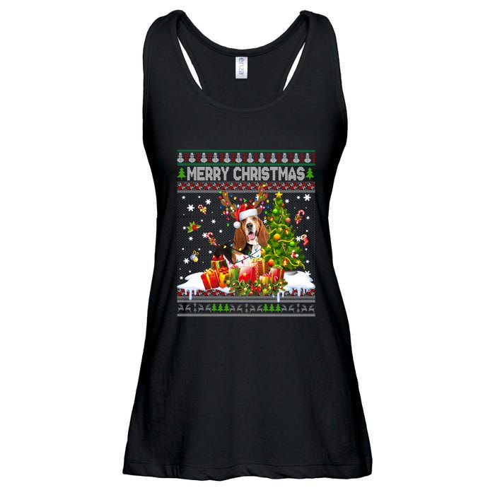 Merry Christmas Basset Hound Santa Xmas Lights Ugly Pajama Ladies Essential Flowy Tank