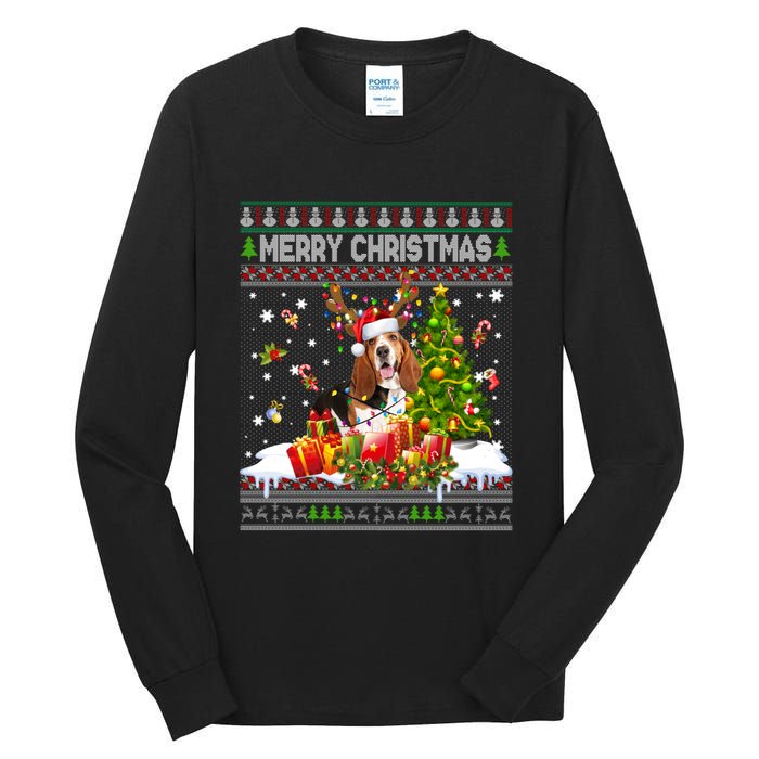 Merry Christmas Basset Hound Santa Xmas Lights Ugly Pajama Tall Long Sleeve T-Shirt