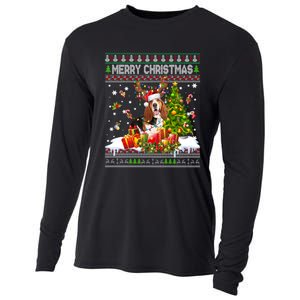 Merry Christmas Basset Hound Santa Xmas Lights Ugly Pajama Cooling Performance Long Sleeve Crew