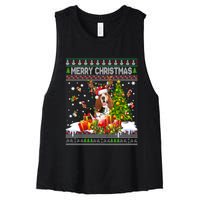 Merry Christmas Basset Hound Santa Xmas Lights Ugly Pajama Women's Racerback Cropped Tank