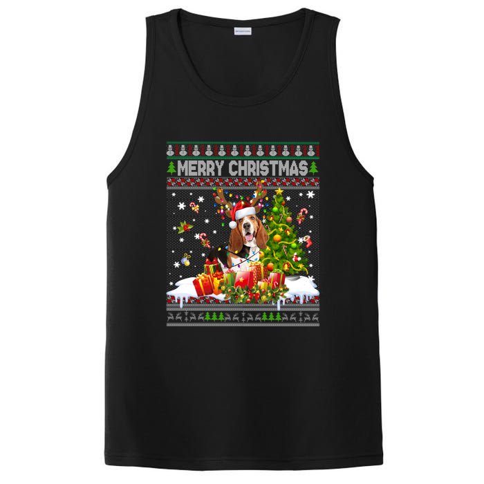 Merry Christmas Basset Hound Santa Xmas Lights Ugly Pajama PosiCharge Competitor Tank