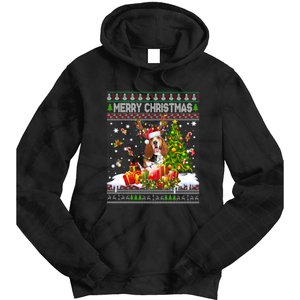 Merry Christmas Basset Hound Santa Xmas Lights Ugly Pajama Tie Dye Hoodie