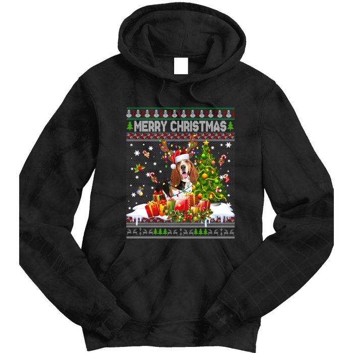 Merry Christmas Basset Hound Santa Xmas Lights Ugly Pajama Tie Dye Hoodie