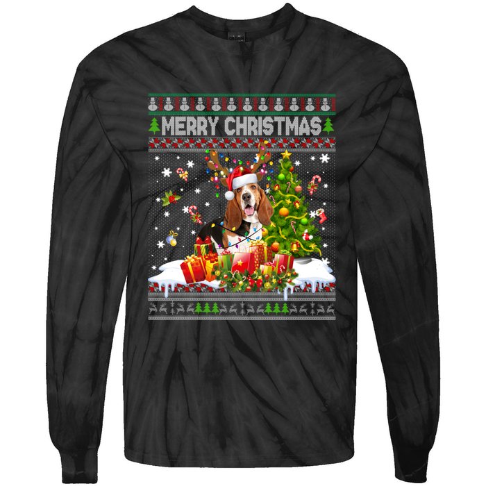 Merry Christmas Basset Hound Santa Xmas Lights Ugly Pajama Tie-Dye Long Sleeve Shirt