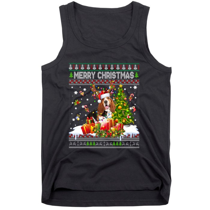 Merry Christmas Basset Hound Santa Xmas Lights Ugly Pajama Tank Top