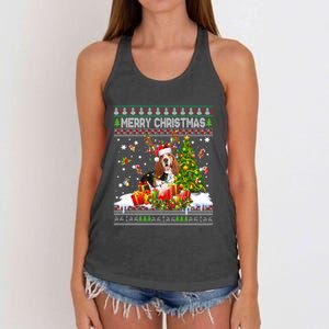 Merry Christmas Basset Hound Santa Xmas Lights Ugly Pajama Women's Knotted Racerback Tank