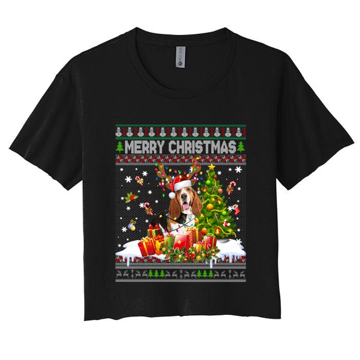 Merry Christmas Basset Hound Santa Xmas Lights Ugly Pajama Women's Crop Top Tee