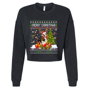 Merry Christmas Basset Hound Santa Xmas Lights Ugly Pajama Cropped Pullover Crew