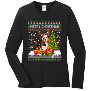 Merry Christmas Basset Hound Santa Xmas Lights Ugly Pajama Ladies Long Sleeve Shirt