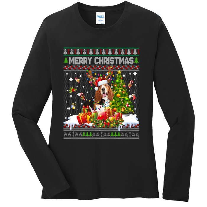 Merry Christmas Basset Hound Santa Xmas Lights Ugly Pajama Ladies Long Sleeve Shirt