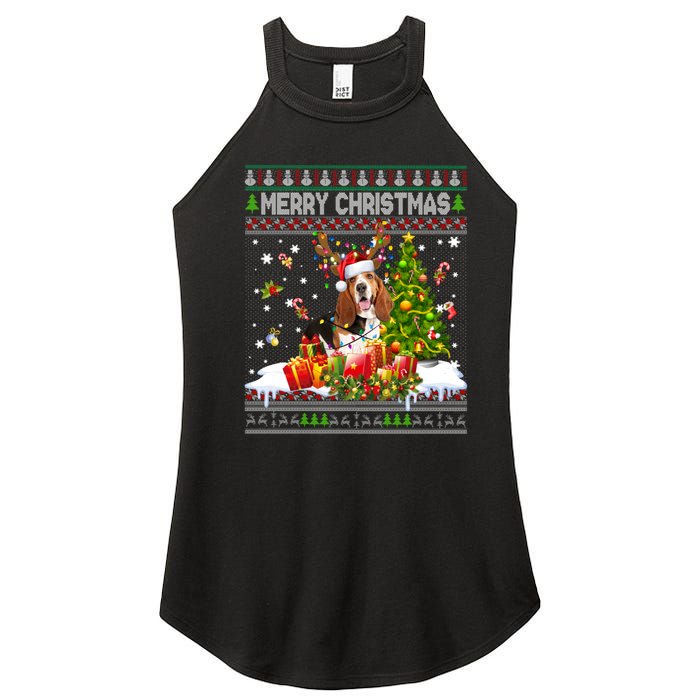 Merry Christmas Basset Hound Santa Xmas Lights Ugly Pajama Women's Perfect Tri Rocker Tank