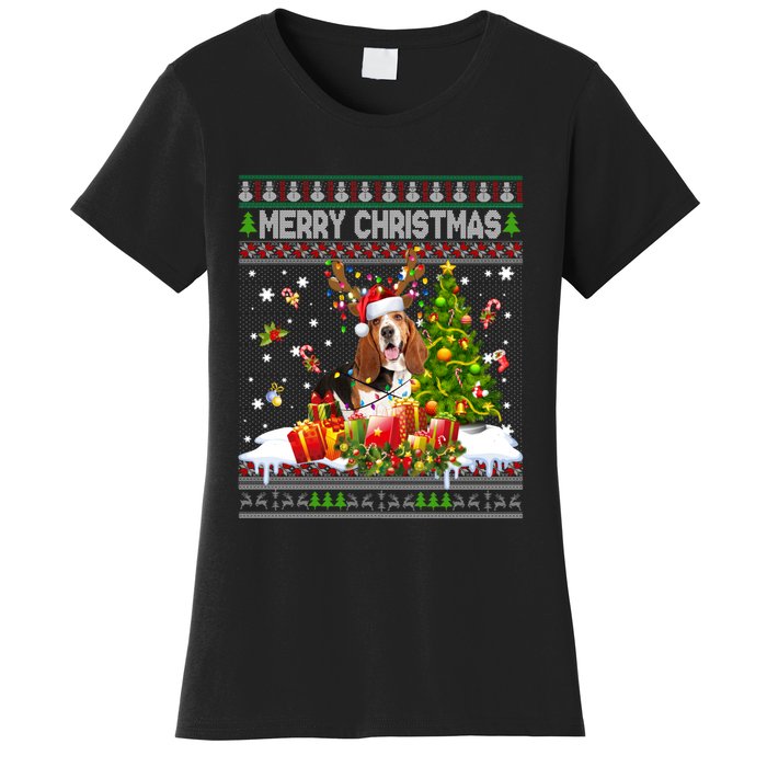 Merry Christmas Basset Hound Santa Xmas Lights Ugly Pajama Women's T-Shirt