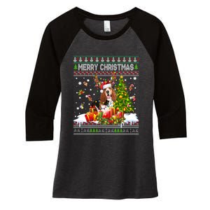 Merry Christmas Basset Hound Santa Xmas Lights Ugly Pajama Women's Tri-Blend 3/4-Sleeve Raglan Shirt