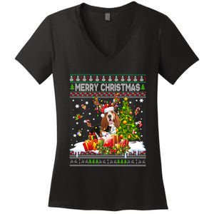 Merry Christmas Basset Hound Santa Xmas Lights Ugly Pajama Women's V-Neck T-Shirt