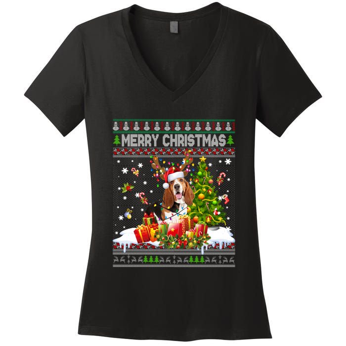 Merry Christmas Basset Hound Santa Xmas Lights Ugly Pajama Women's V-Neck T-Shirt