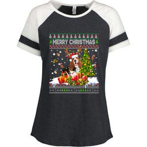 Merry Christmas Basset Hound Santa Xmas Lights Ugly Pajama Enza Ladies Jersey Colorblock Tee