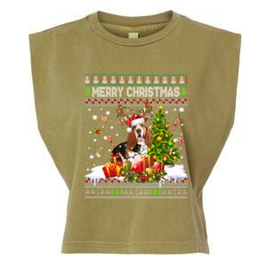 Merry Christmas Basset Hound Santa Xmas Lights Ugly Pajama Garment-Dyed Women's Muscle Tee