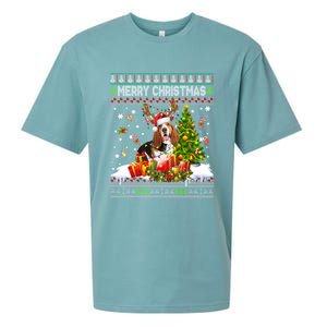 Merry Christmas Basset Hound Santa Xmas Lights Ugly Pajama Sueded Cloud Jersey T-Shirt