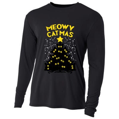 Meowy Catmas Black Cats Tree Funny Cat Owner Christmas Gift Cooling Performance Long Sleeve Crew