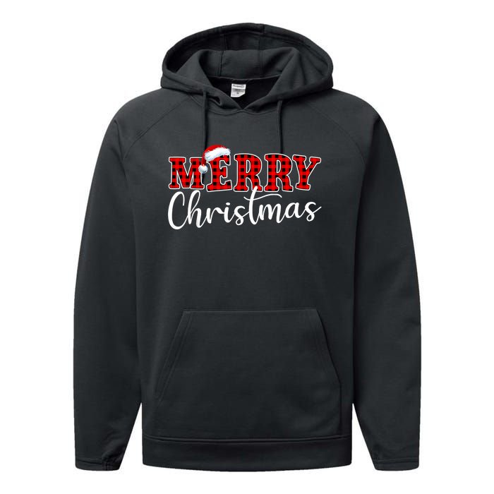 Merry Christmas Buffalo Plaid Red Santa Hat Xmas Pajamas Performance Fleece Hoodie