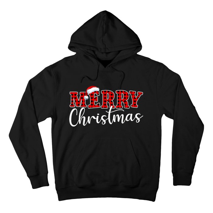 Merry Christmas Buffalo Plaid Red Santa Hat Xmas Pajamas Hoodie