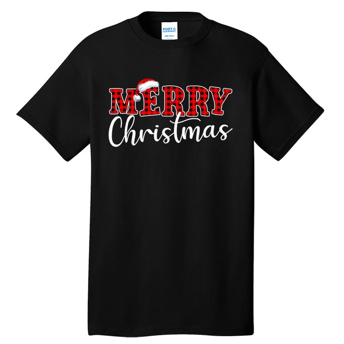 Merry Christmas Buffalo Plaid Red Santa Hat Xmas Pajamas Tall T-Shirt