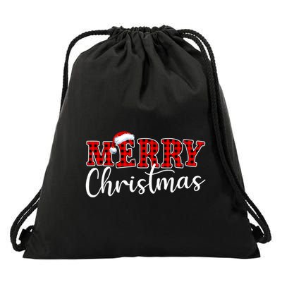 Merry Christmas Buffalo Plaid Red Santa Hat Xmas Pajamas Drawstring Bag