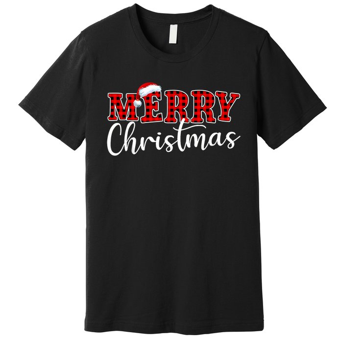 Merry Christmas Buffalo Plaid Red Santa Hat Xmas Pajamas Premium T-Shirt