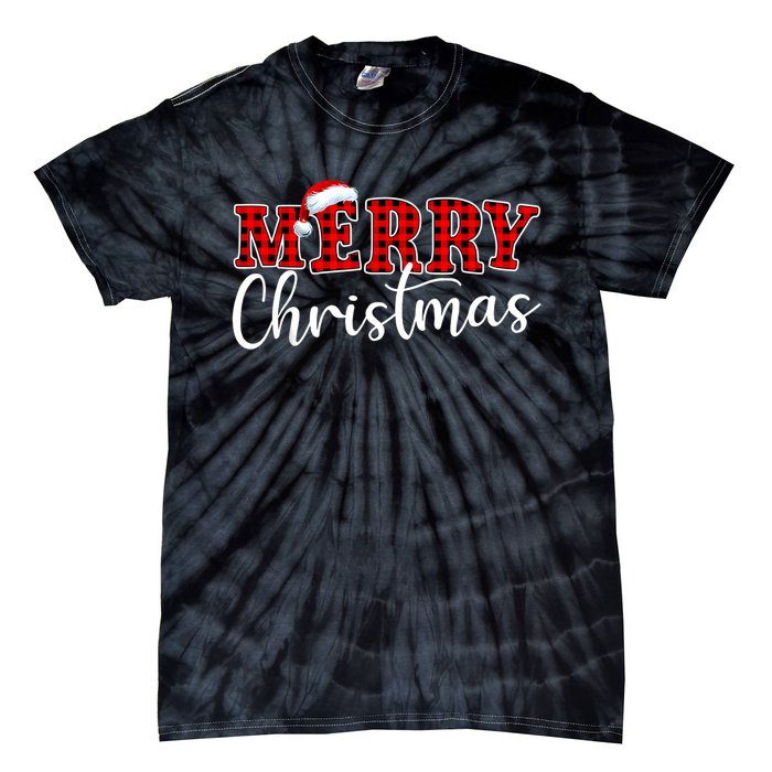 Merry Christmas Buffalo Plaid Red Santa Hat Xmas Pajamas Tie-Dye T-Shirt