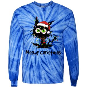 Meowy Christmas Black Cat Light Christmas Pajamas Gift Tie-Dye Long Sleeve Shirt