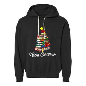 Merry Christmas Book Tree Librarian Bookworm Book Funny Gift Garment-Dyed Fleece Hoodie