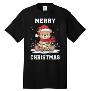 Merry Christmas Bear Santa Hat Christmas Lights Xmas Eve Tank Top Tall T-Shirt