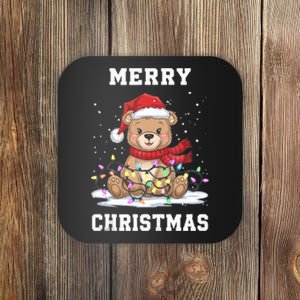 Merry Christmas Bear Santa Hat Christmas Lights Xmas Eve Tank Top Coaster