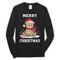 Merry Christmas Bear Santa Hat Christmas Lights Xmas Eve Tank Top Tall Long Sleeve T-Shirt