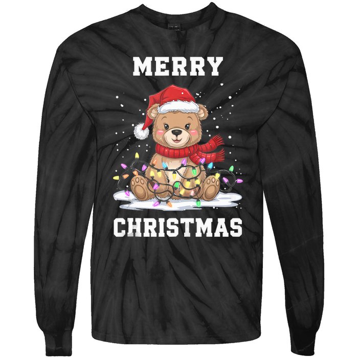 Merry Christmas Bear Santa Hat Christmas Lights Xmas Eve Tank Top Tie-Dye Long Sleeve Shirt