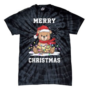 Merry Christmas Bear Santa Hat Christmas Lights Xmas Eve Tank Top Tie-Dye T-Shirt