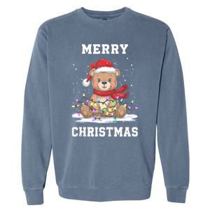 Merry Christmas Bear Santa Hat Christmas Lights Xmas Eve Tank Top Garment-Dyed Sweatshirt