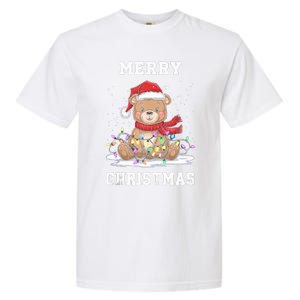 Merry Christmas Bear Santa Hat Christmas Lights Xmas Eve Tank Top Garment-Dyed Heavyweight T-Shirt