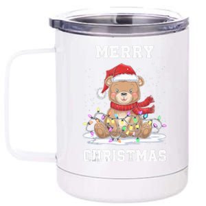 Merry Christmas Bear Santa Hat Christmas Lights Xmas Eve Tank Top 12 oz Stainless Steel Tumbler Cup