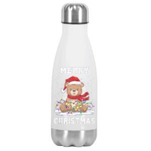 Merry Christmas Bear Santa Hat Christmas Lights Xmas Eve Tank Top Stainless Steel Insulated Water Bottle